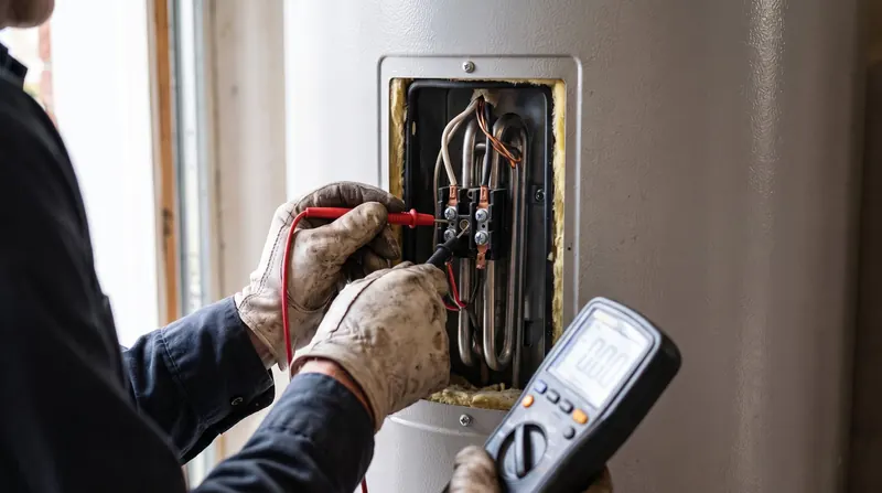 Plumber testing an electric water heater element and thermostat with a multimeter
