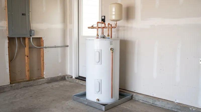 Newly installed electric water heater in a drain pan with copper piping and an expansion tank